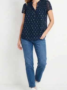 Style & Co. Navy Floral Short Sleeve Blouse